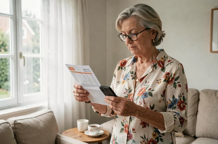 Femme senior vérifiant sa facture Orange et les informations du numéro 3900