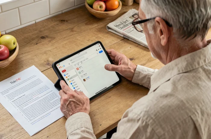 Senior utilisant une tablette dans une cuisine pour récupérer un email supprimé grâce à un guide papier