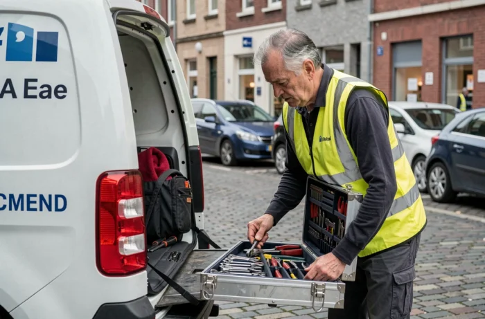 Serrurier expérimenté préparant son matériel dans son camion de dépannage garé dans une rue urbaine