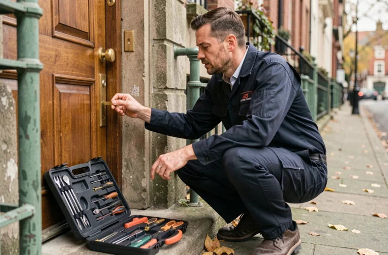 Serrurier professionnel en train d'examiner une serrure de porte d'entrée en bois avec ses outils de dépannage