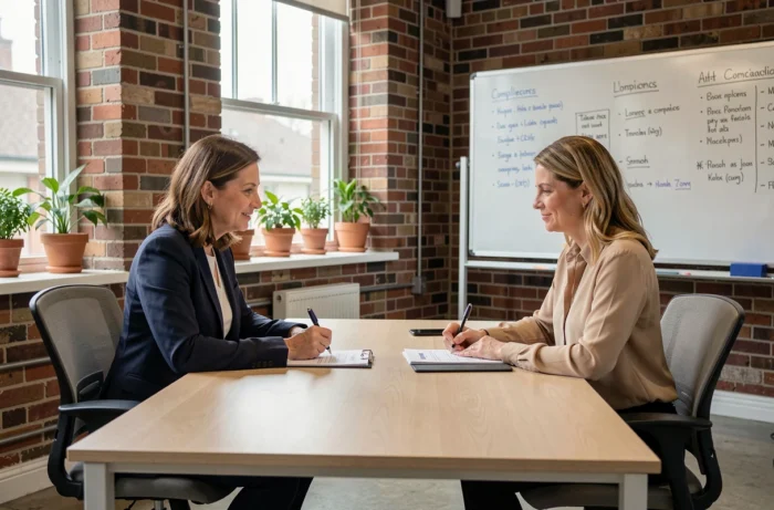 Deux professionnelles signant des documents contractuels dans un espace de coworking moderne, conformité réglementaire B2B et obligations juridiques