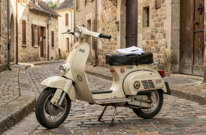 Solex de collection des années 1960 garé sur une rue pavée française avec des documents d'assurance posés sur la selle