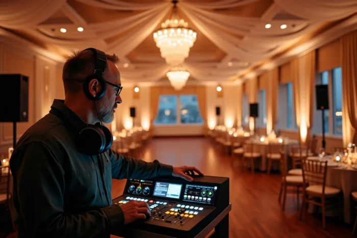 Un technicien audio professionnel règle un système de sonorisation de qualité dans une salle de mariage décorée