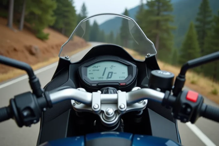 Gros plan sur le tableau de bord numérique et les commandes du Yamaha TMAX 750 avec affichage TFT couleur