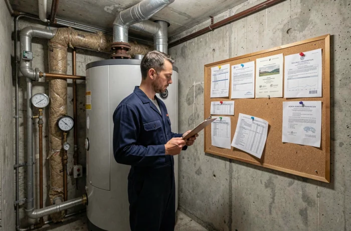 Technicien en chauffage consultant des documents de maintenance dans la chaufferie d'un immeuble en copropriété