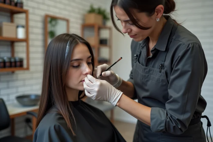 Coiffeuse professionnelle appliquant la technique grey blending sur des cheveux bruns en atelier