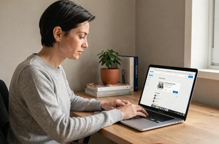 Femme téléchargeant un logiciel en toute sécurité sur FileCR depuis son bureau à domicile