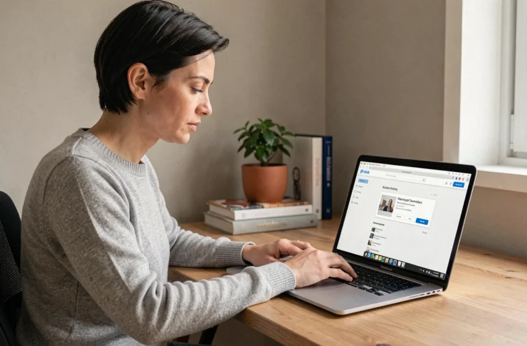 Femme téléchargeant un logiciel en toute sécurité sur FileCR depuis son bureau à domicile