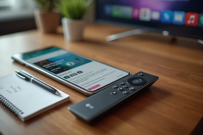 Télécommande LG Magic Remote et smartphone affichant un tutoriel d'installation du Play Store sur Smart TV