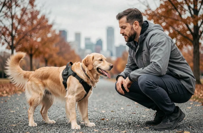 Uomo che equipaggia il suo golden retriever con un moderno imbracatura GPS in un parco urbano nell'autunno 2024