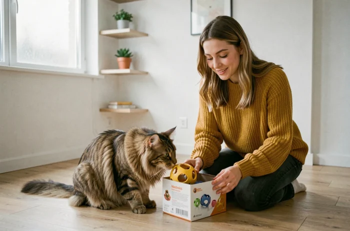 Femme découvrant un nouveau jouet interactif pour chat Maine Coon dans un appartement scandinave en 2024