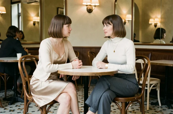 Deux femmes en tenue minimaliste chic années 1994 avec robe nuisette satin et pantalon large dans un café parisien