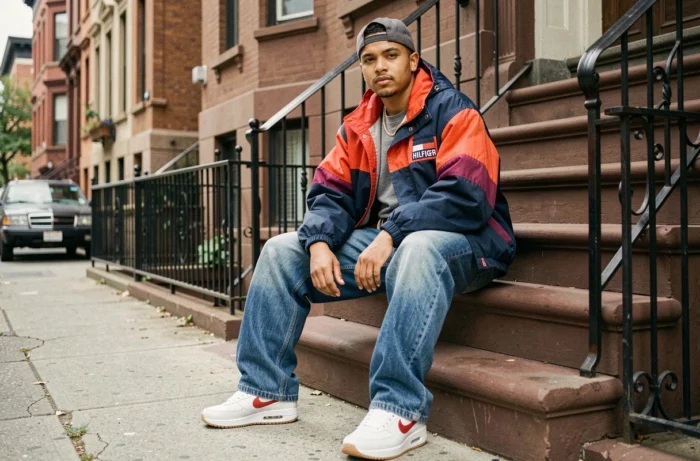 Jeune homme en tenue streetwear hip-hop années 1994 avec veste color-block Tommy Hilfiger et sneakers Nike sur des marches urbaines