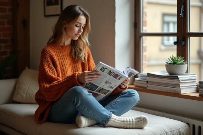 Femme en pull orange rouille feuilletant un magazine de mode dans un appartement cosy, inspirations style automne 2024