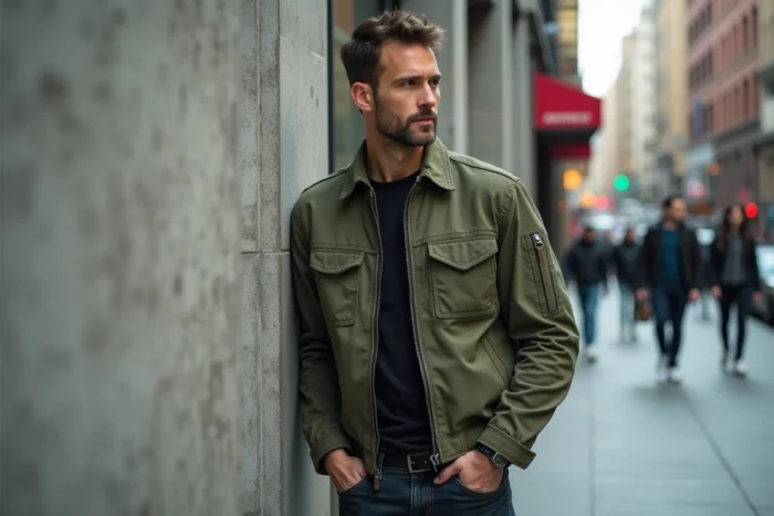 Homme en veste utilitaire olive posant dans une rue urbaine, style streetwear tendance 2024