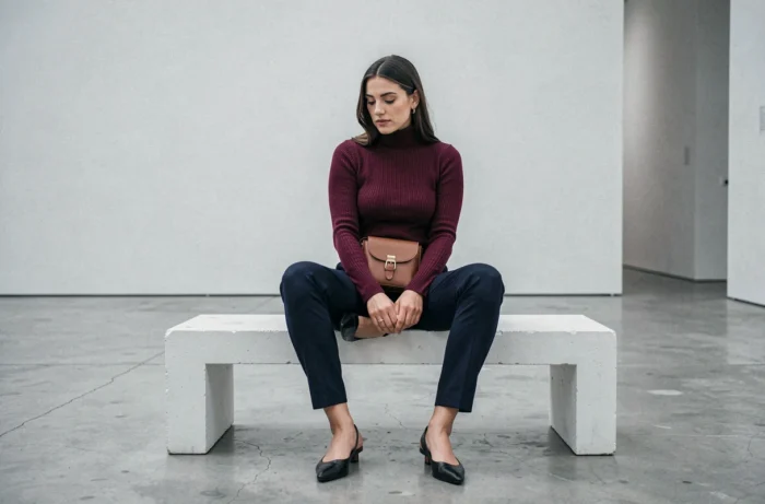 Femme en pull col roulé bordeaux et pantalon marine assise dans une galerie d'art moderne, tendances mode automne-hiver chic et minimaliste