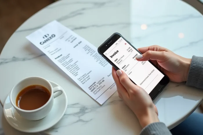Mains tenant un ticket de caisse Carrefour et un smartphone affichant une demande de facture via l'application
