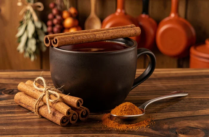 Mug en céramique sombre rempli de tisane à la cannelle avec des bâtons de cannelle et de la poudre de cannelle sur une surface en noyer, pour la régulation de la glycémie
