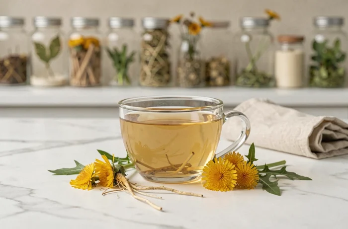 Tasse de tisane de pissenlit infusée avec des fleurs et feuilles de pissenlit séchées sur du marbre blanc, pour le drainage rénal