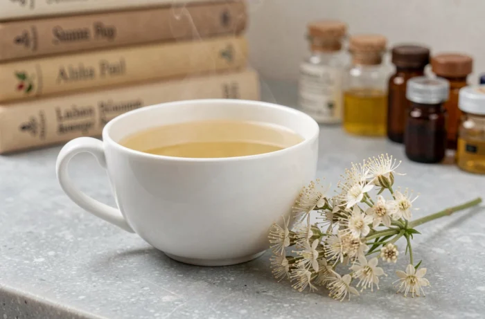 Tasse en porcelaine de tisane de reine-des-prés avec fleurs séchées et branche fraîche sur pierre grise, pour l'action anti-rétention d'eau