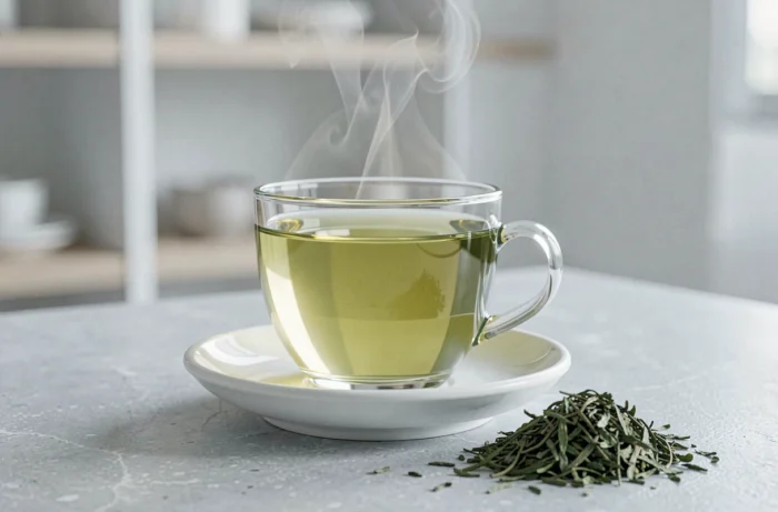 Tasse de thé vert infusé avec des feuilles de thé vert séchées sur un comptoir en pierre grise, tisane aux catéchines pour la thermogenèse