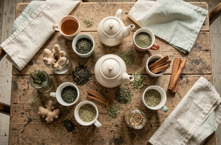 Vue en plongée d'une table en bois rustique avec diverses tisanes minceur, herbes séchées et épices naturelles pour maigrir