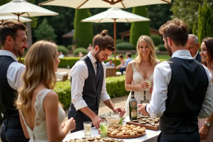 Des invités interagissent avec des stands participatifs lors d'un vin d'honneur interactif en jardin