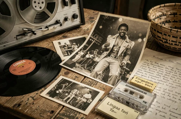 Collection de vinyles, photographies et souvenirs de la rumba congolaise sur une table ancienne, hommage à l'héritage artistique de Papa Wemba