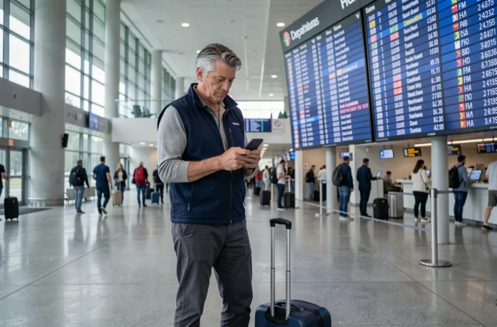 Homme consultant son smartphone devant un tableau de départs dans un aéroport international avec valise à roulettes