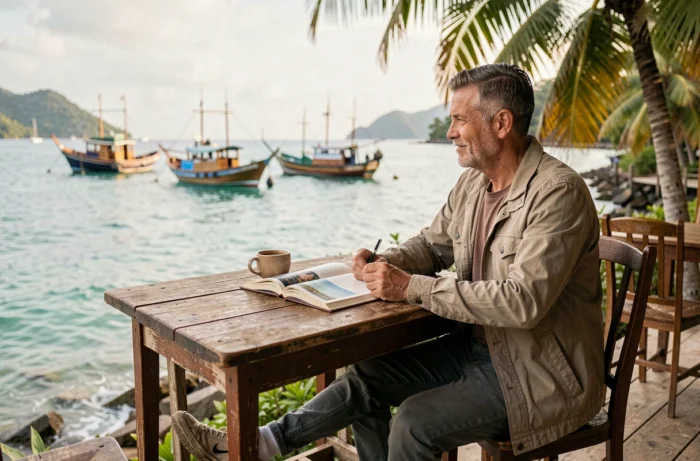 Voyageur au repos dans un café en bord de mer avec vue sur un port tropical