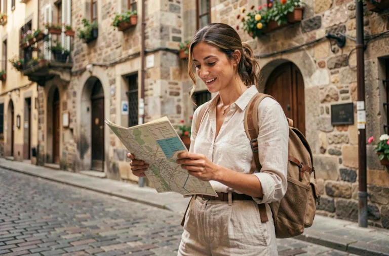Voyageuse consultant une carte dans une rue pavée d'une ville historique européenne