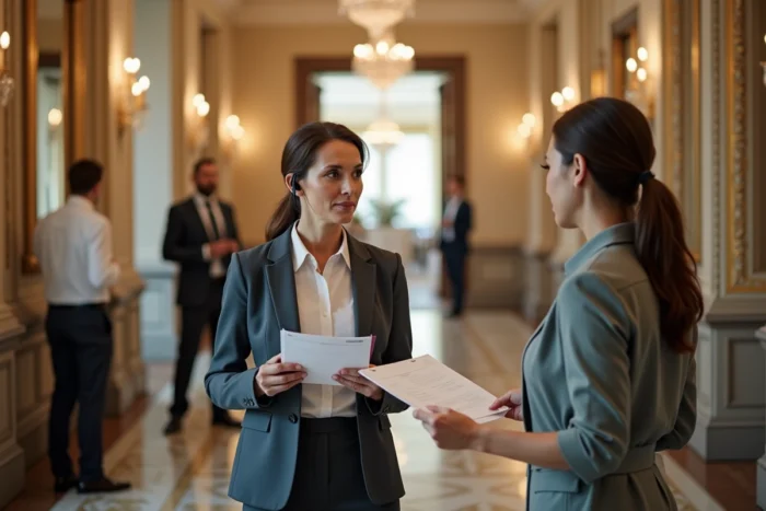 Une wedding planner coordonne activement les prestataires le jour J en coulisses d'un lieu de mariage élégant