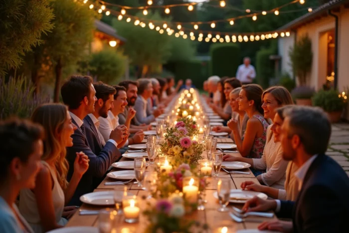 Des invités réunis lors d'un dîner de bienvenue convivial la veille du mariage sur une terrasse en plein air