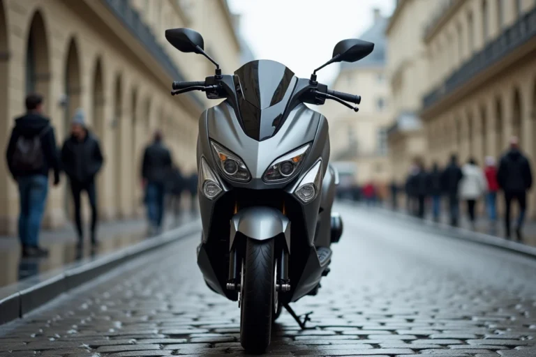 Yamaha TMAX 750 garé dans une rue parisienne, vue 3/4 avant avec détails de la carrosserie et du tableau de bord